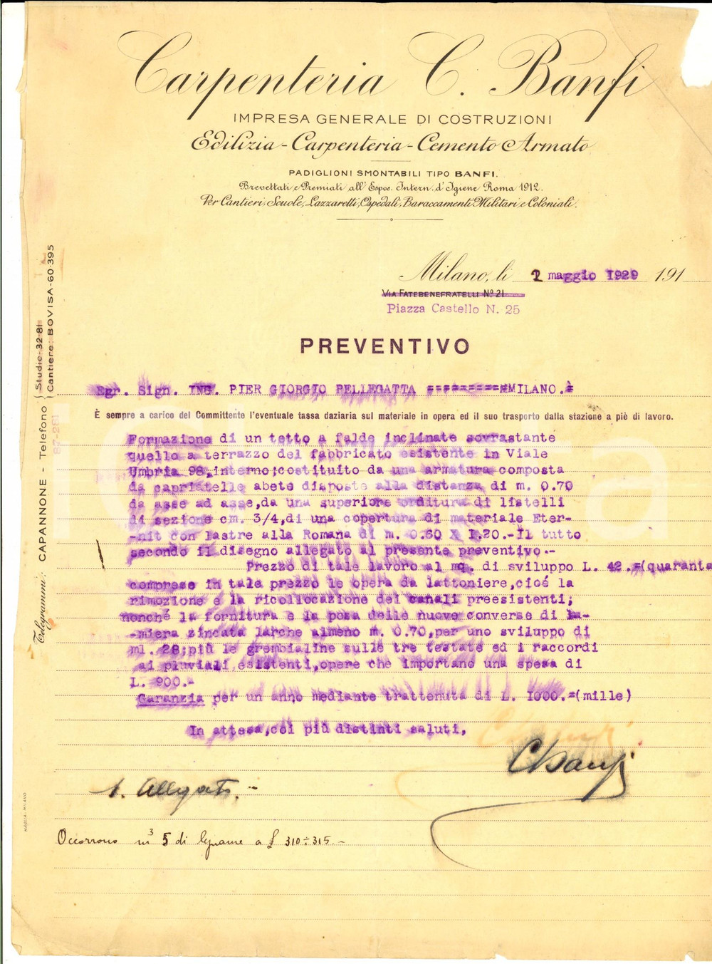 Documento originale, autentico 1929 MILANO Carpenteria BANFI Impresa di costruzioni  Edilizia Preventivo 1