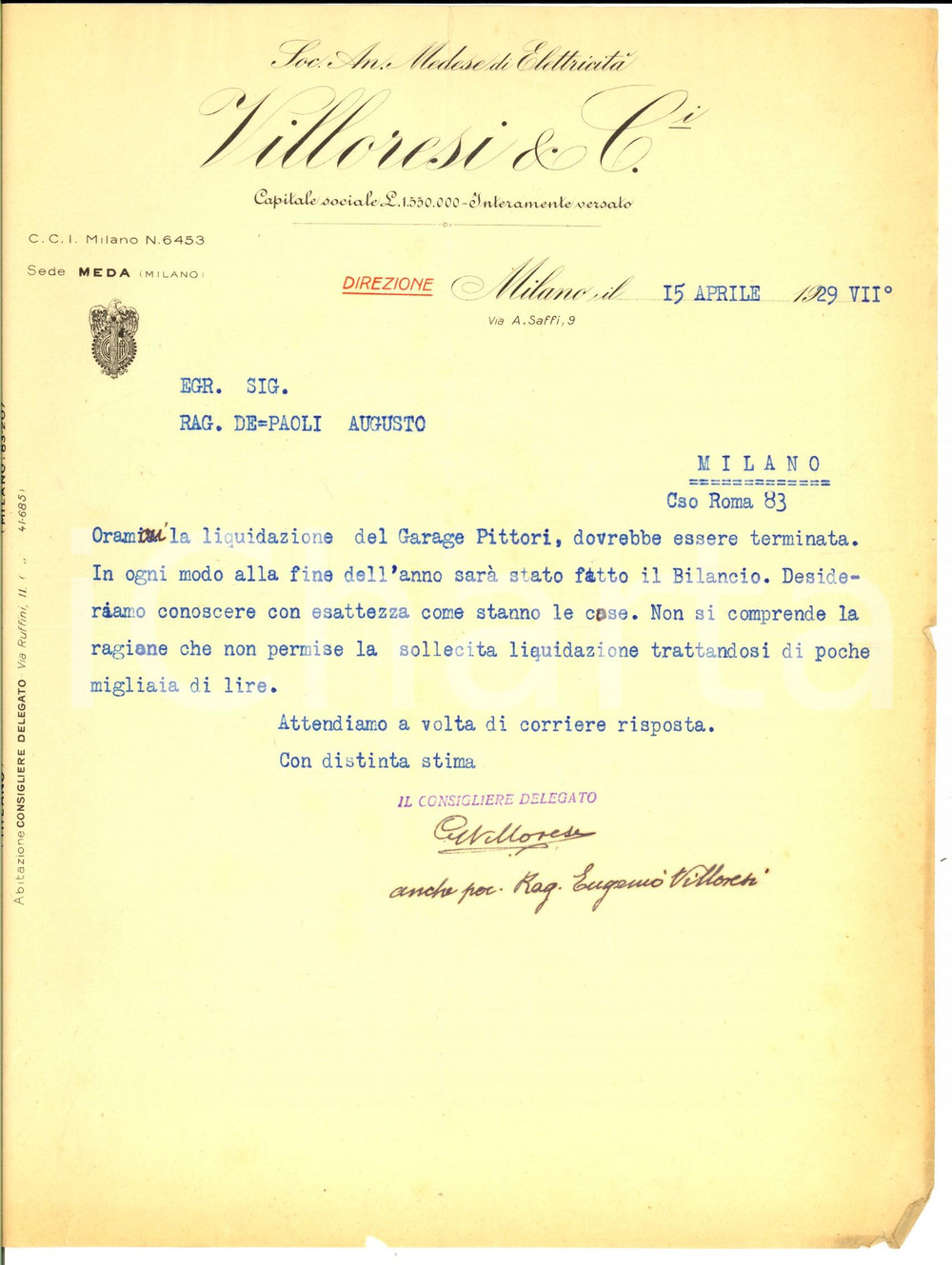 Documento originale, autentico 1929 MILANO SocietÃ  Medese di ElettricitÃ  VILLORESI & C. Lettera liquidazione 1