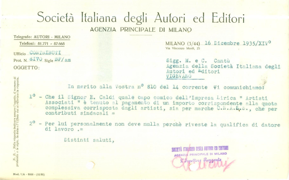 Documento originale, autentico 1935 MILANO Società Italiana Autori Editori su impresa Artisti Associati Lettera 1