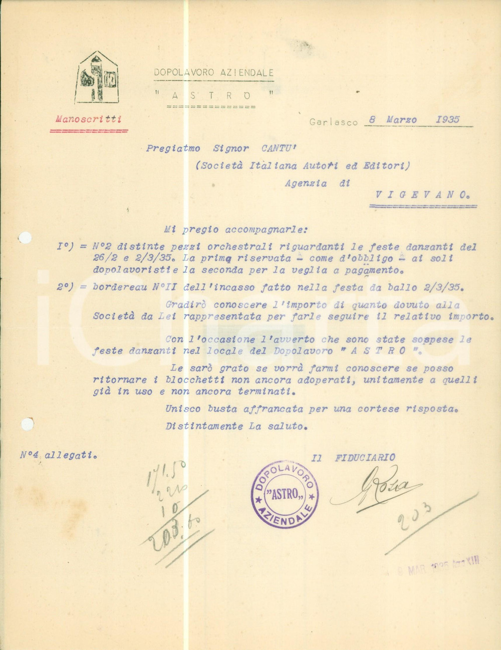 Documento originale, autentico 1935 GARLASCO PV Dopolavoro aziendale ASTRO invia blocchetti Lettera 1