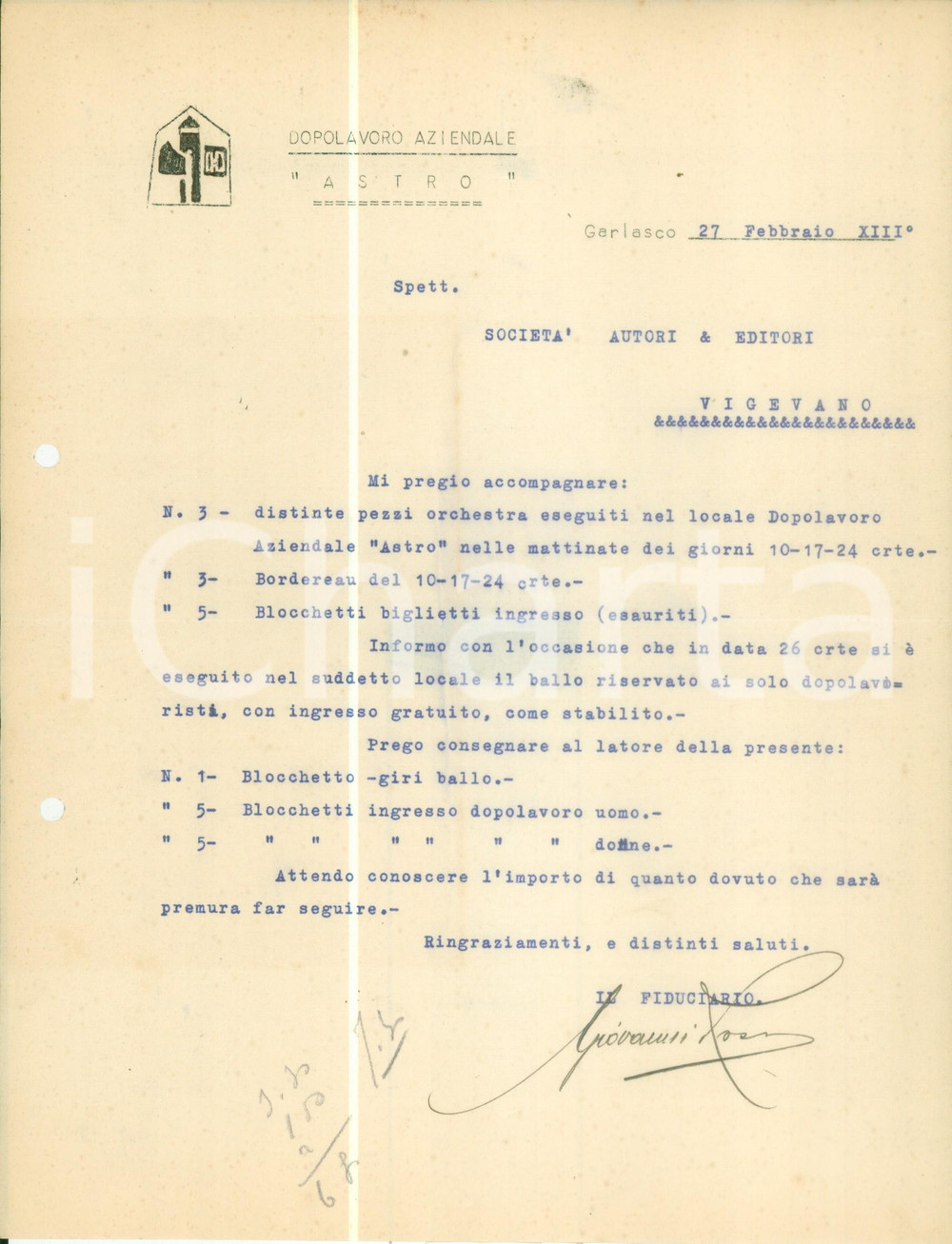 Documento originale, autentico 1935 GARLASCO PV Dopolavoro aziendale ASTRO invia blocchetti per biglietti 1