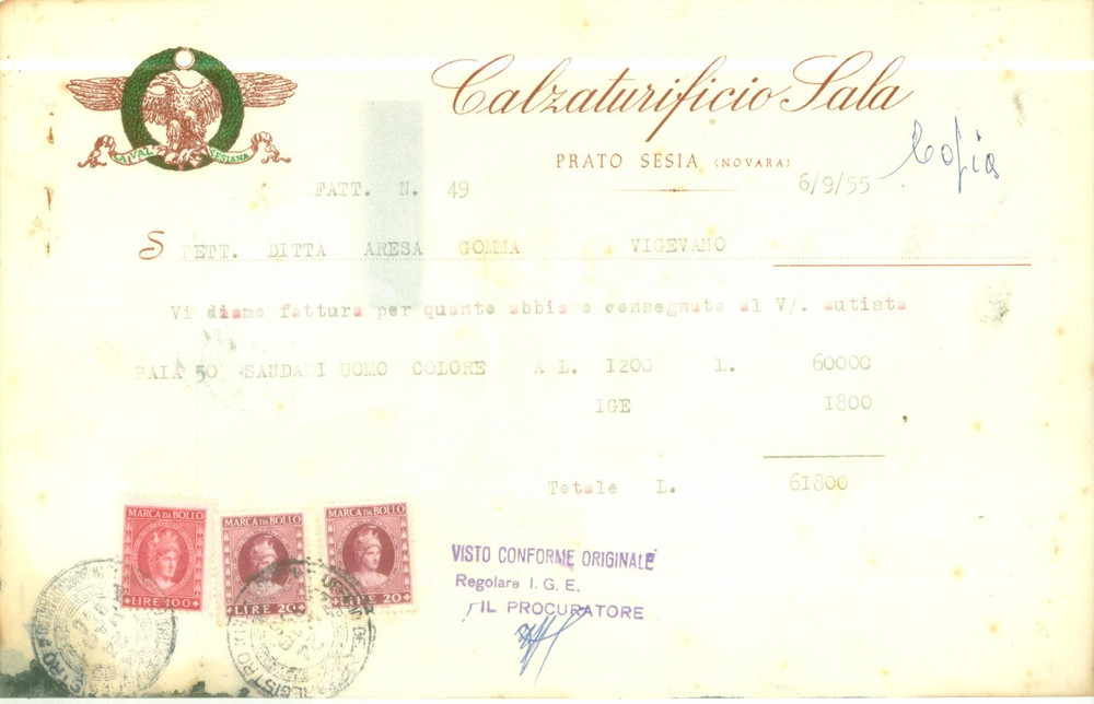 Documento originale, autentico 1955 PRATO SESIA NO Calzaturificio SALA Fattura per sandali 3 1