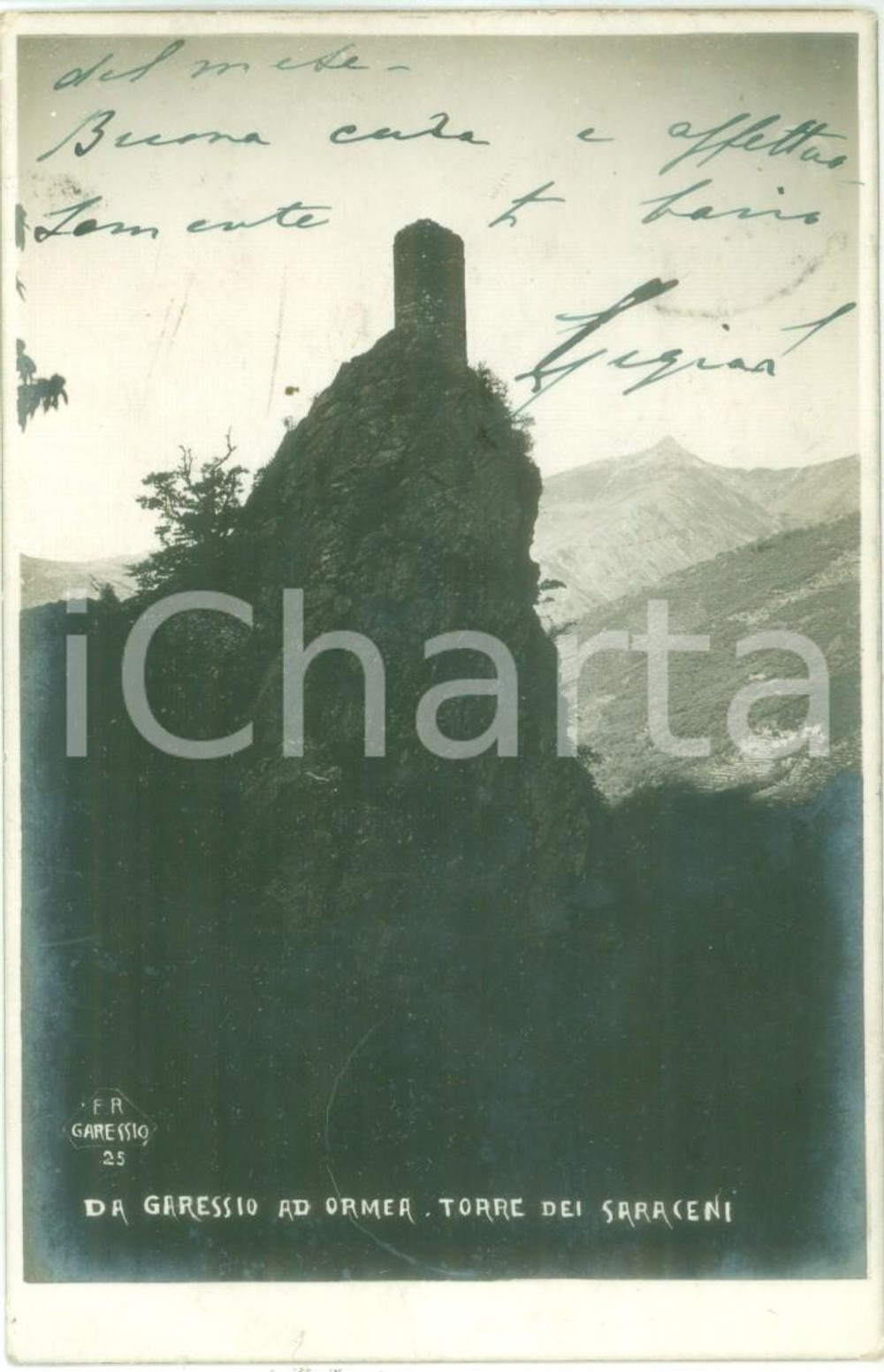 Cartolina originale da collezione 1924 GARESSIO CN La Torre dei Saraceni sulla strada per ORMEA Cartolina FP VG 1