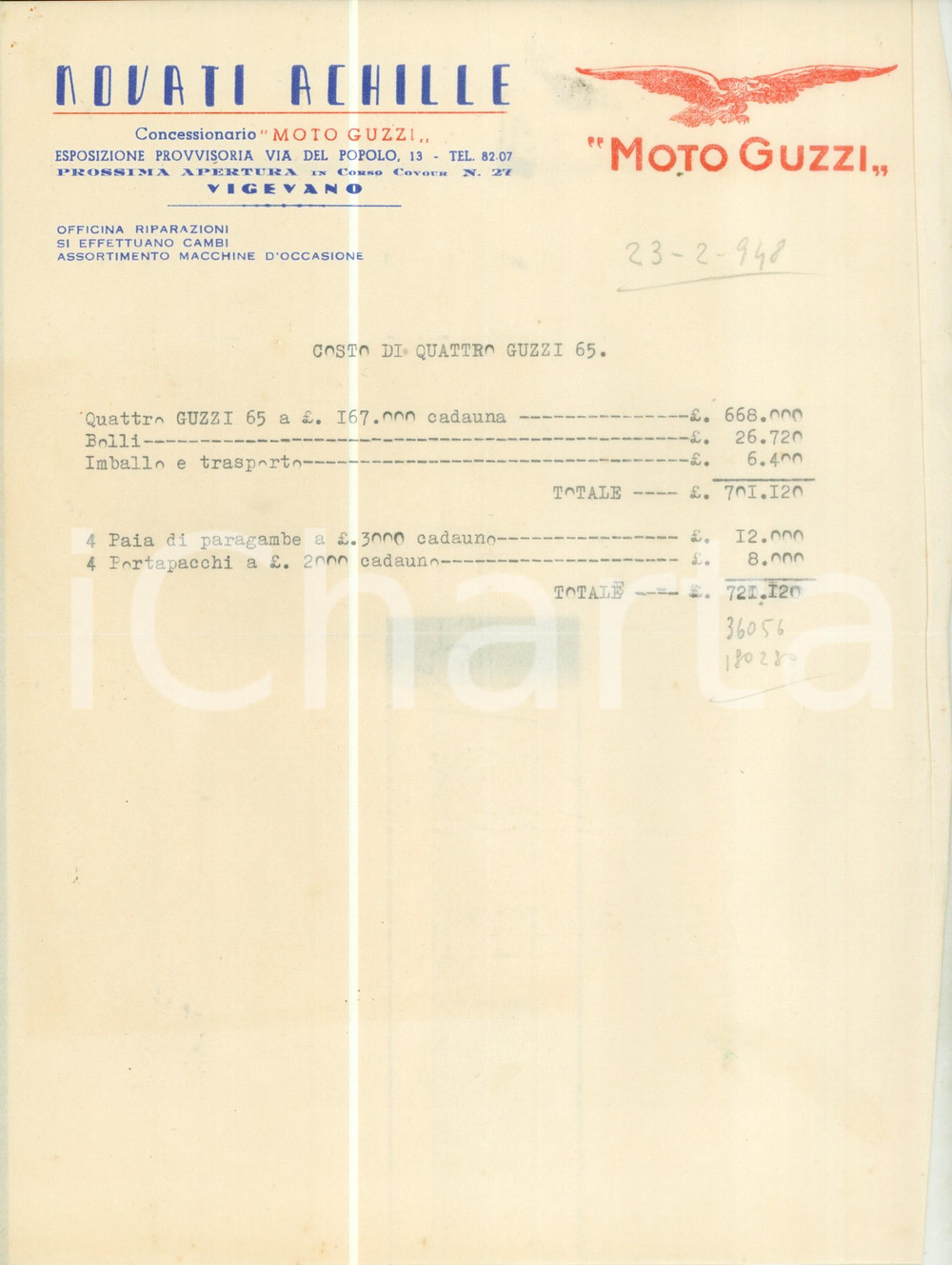 Documento originale, autentico 1948 VIGEVANO PV Achille NOVATI Concessionario MOTO GUZZI Fattura 1