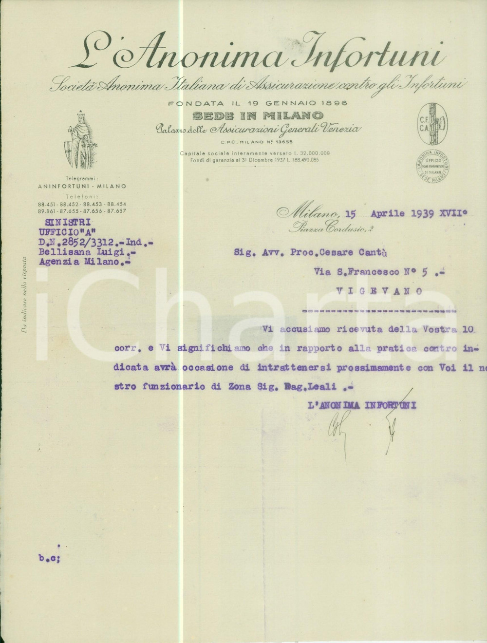Documento originale, autentico 1939 MILANO L Anonima Infortuni SocietÃ  Anonima Italiana Lettera commerciale 1