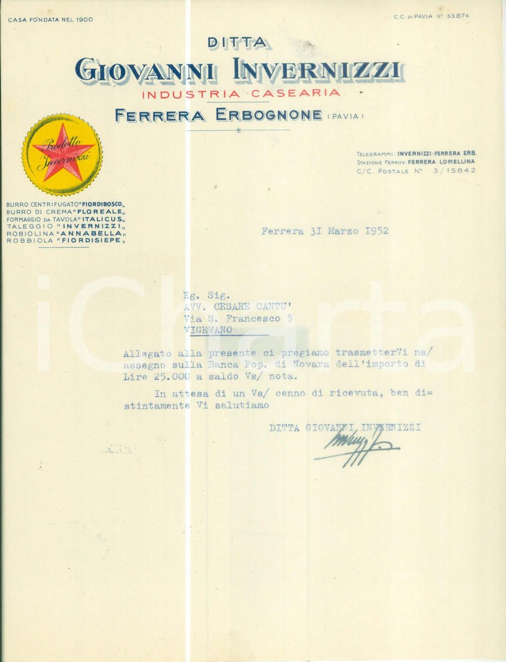 Manoscritto, lettera originale 1952 FERRERA ERBOGNONE PV Ditta Giovanni INVERNIZZI Lettera commerciale 1