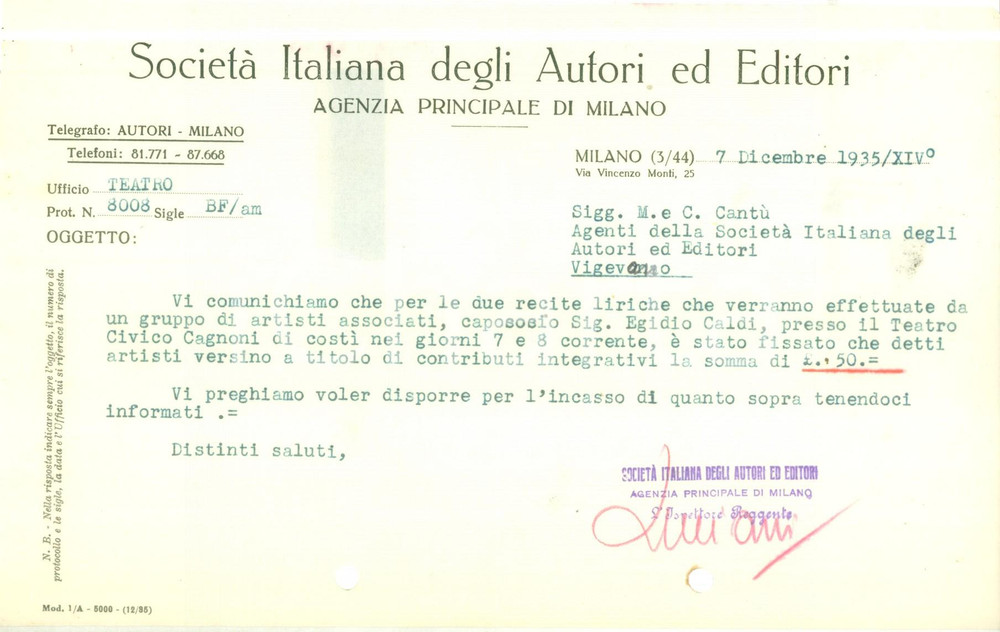 Documento originale, autentico 1935 MILANO Società Italiana Autori Editori su contributi recite liriche Lettera 1