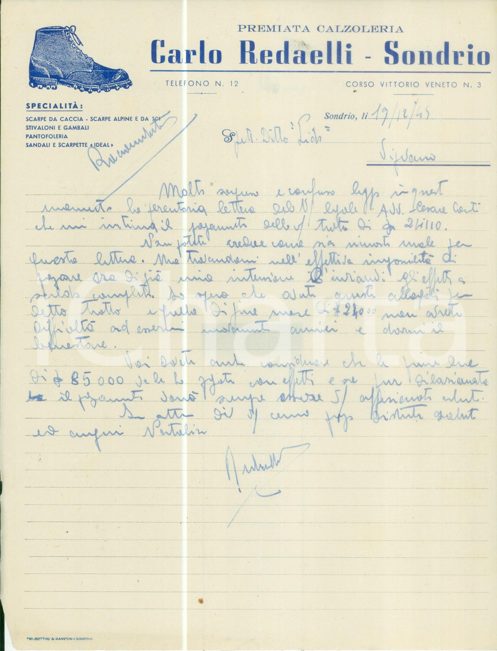 Documento originale, autentico 1945 SONDRIO Premiata calzoleria Carlo REDAELLI Lettera commerciale 1