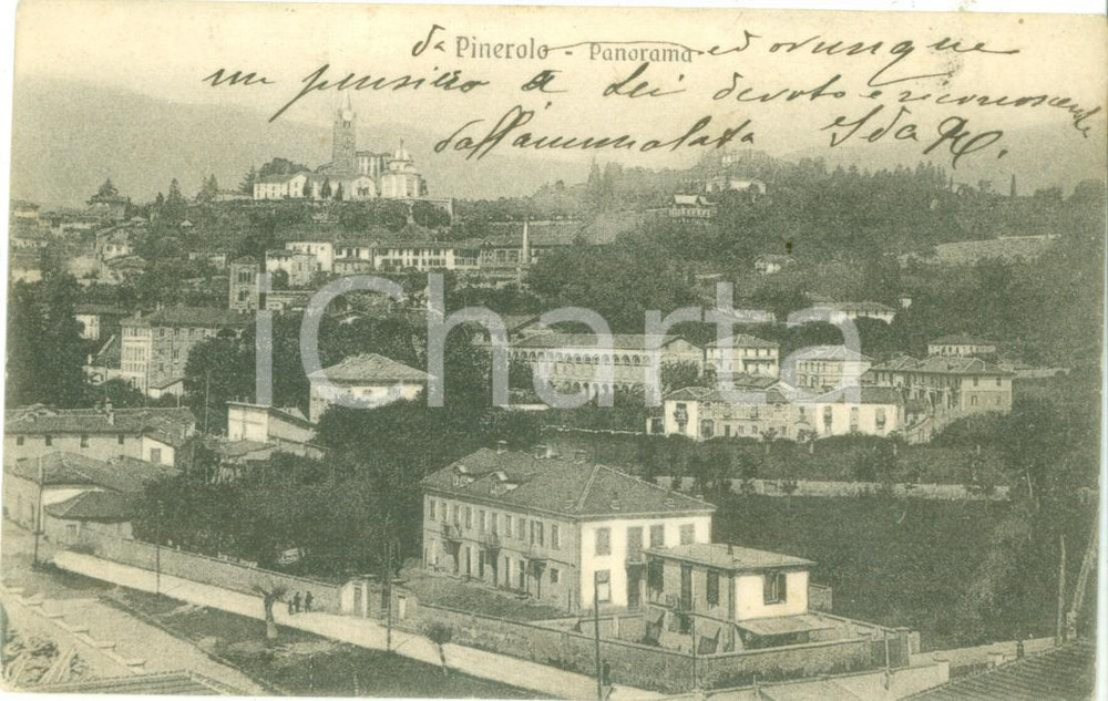 Cartolina originale da collezione 1913 PINEROLO TO Panorama con Chiesa di SAN MAURIZIO Cartolina postale FP VG 1