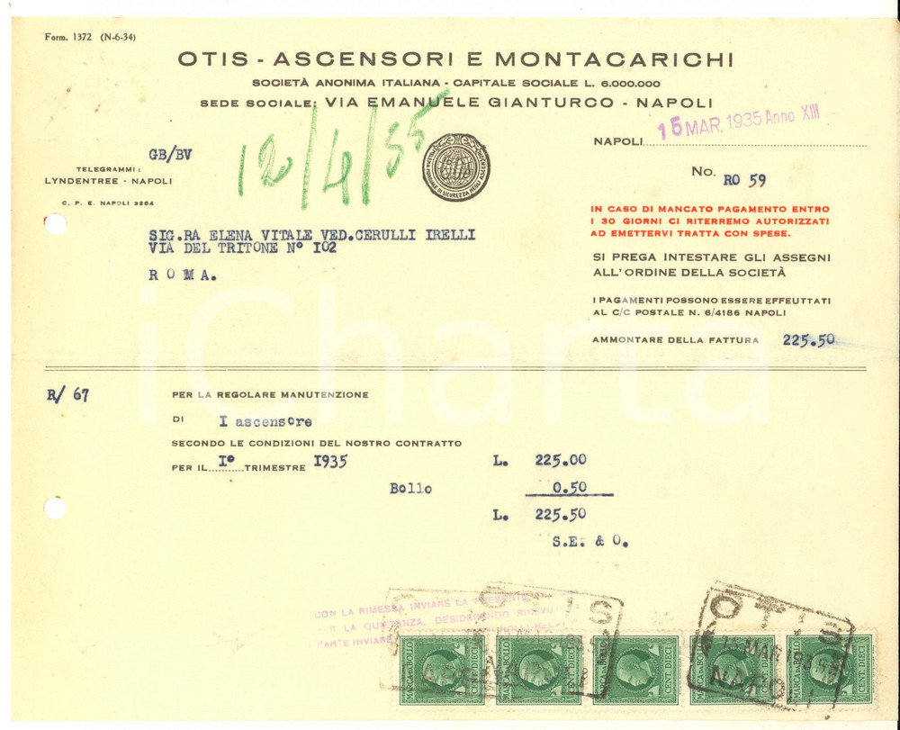 Documento originale, autentico 1935 NAPOLI Ascensori e montacarichi OTIS Fattura per manutenzione 1