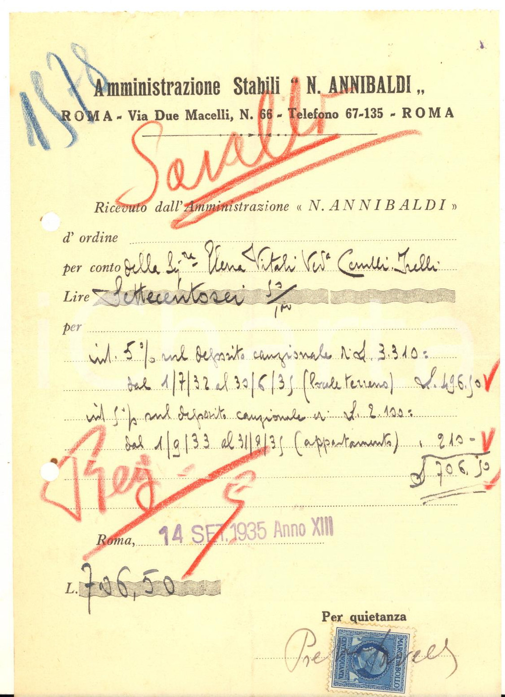 Documento originale, autentico 1935 ROMA Amministrazione Stabili ANNIBALDI Ricevuta Elena VITALI 1 1
