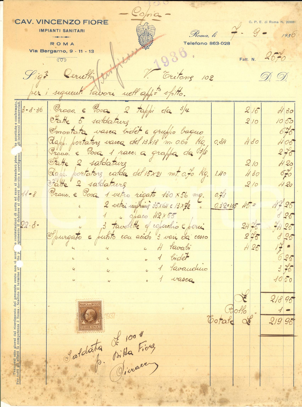 Documento originale, autentico 1936 ROMA Cav. Vincenzo FIORE impianti sanitari Conto per lavori 1