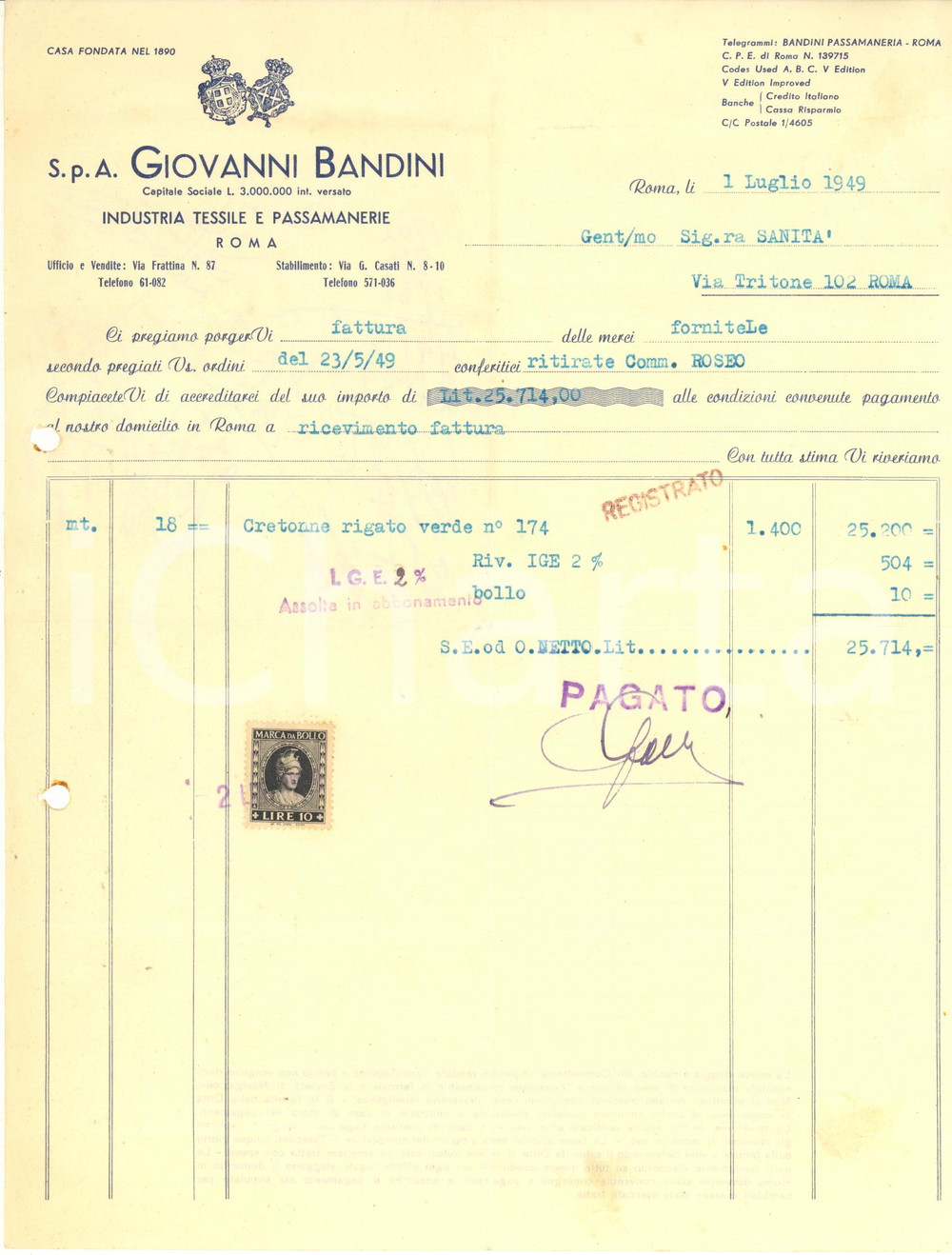 Documento originale, autentico 1949 ROMA Giovanni BANDINI Industria tessile e passamaneria Fattura commerciale 1