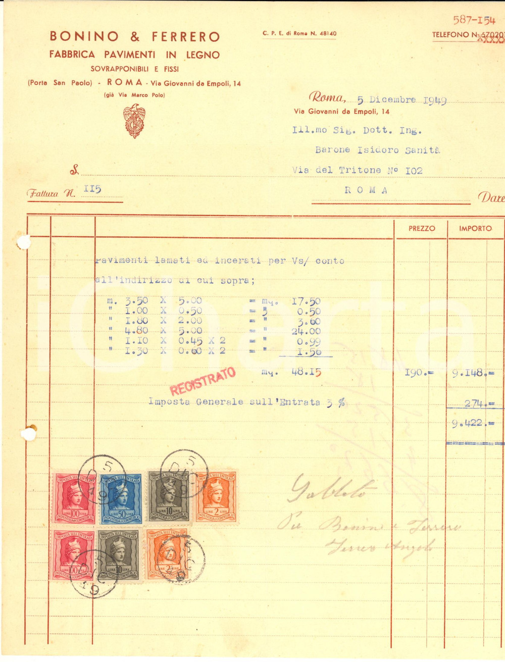 Documento originale, autentico 1949 ROMA Costruzione pavimenti in legno BONINO & FERRERO Fattura 1