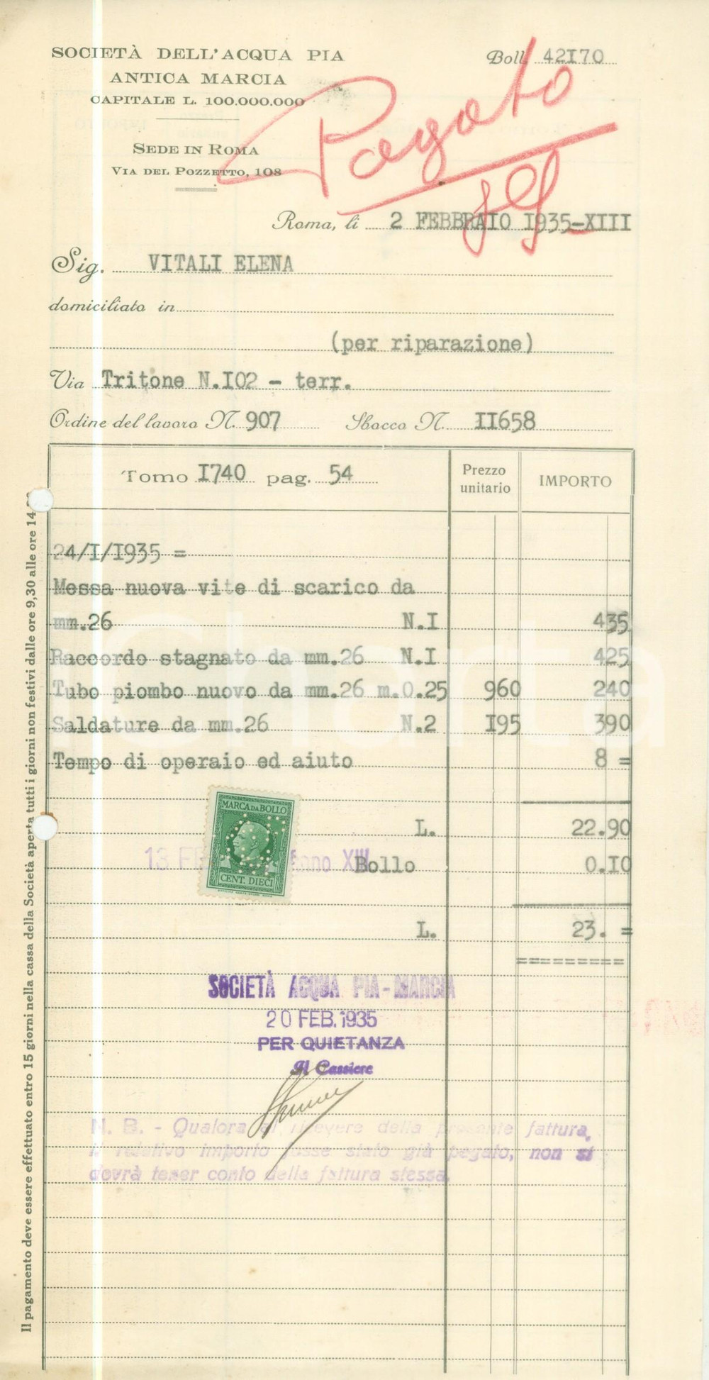 Documento originale, autentico 1935 ROMA SocietÃ  dell Acqua Pia Antica Marcia Conto per riparazioni 1