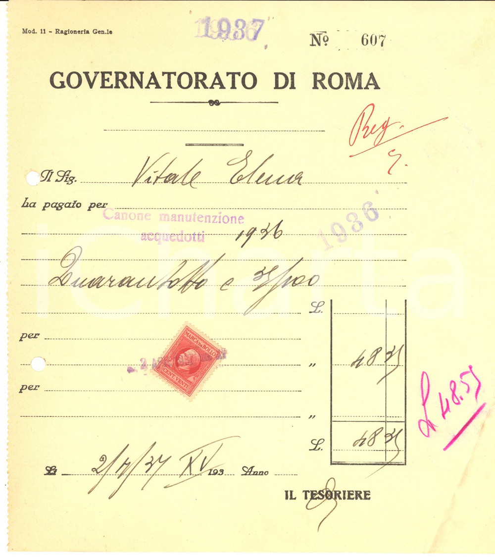 1936 GOVERNATORATO DI ROMA Canone manutenzione acquedotti Ricevuta Elena VITALI