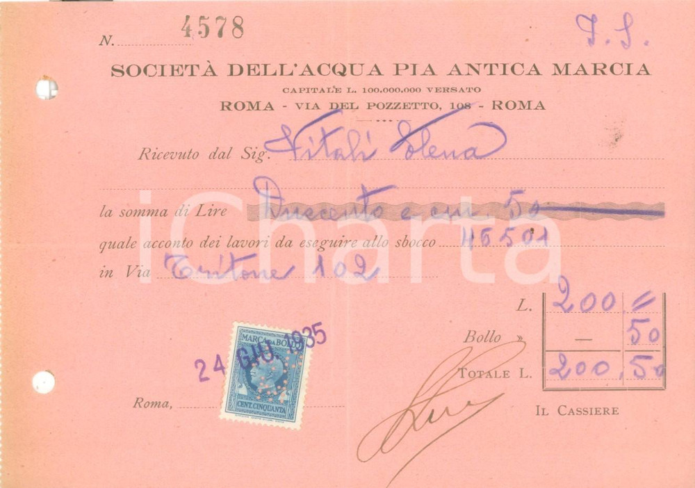 Documento originale, autentico 1935 ROMA SocietÃ  dell Acqua Pia Antica Marcia Ricevuta di pagamento 1