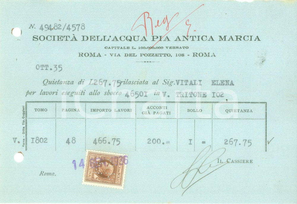 Documento originale, autentico 1936 ROMA SocietÃ  dell Acqua Pia Antica Marcia Ricevuta di pagamento 1