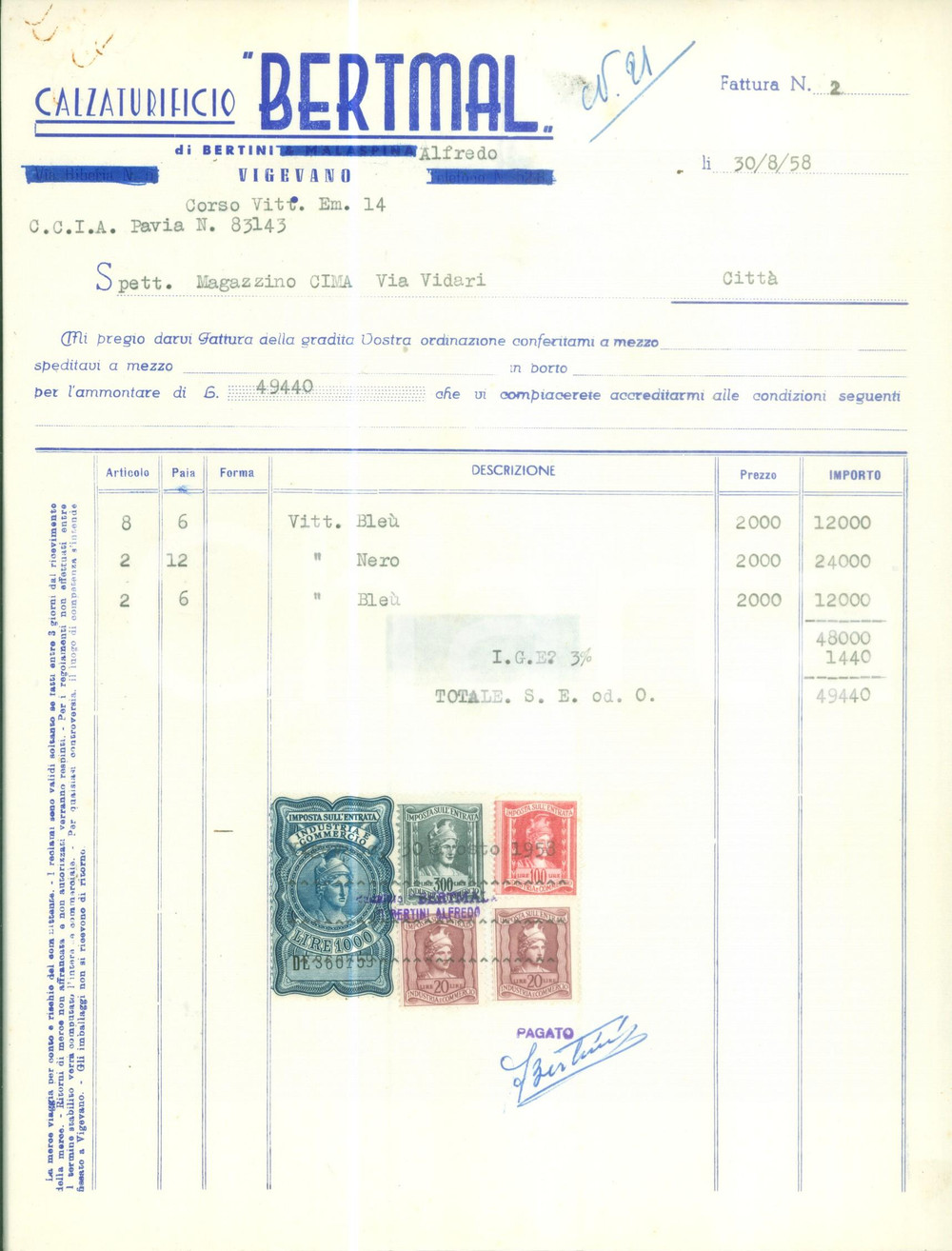 Documento originale, autentico 1958 VIGEVANO PV Calzaturificio BERTMAL di Alfredo BERTINI Fattura 1