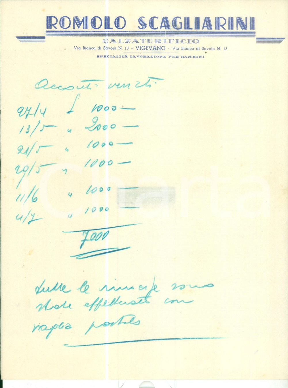 Documento originale, autentico 1945 ca VIGEVANO PV Calzaturificio Romolo SCAGLIARINI Lavorazione per bambini 1