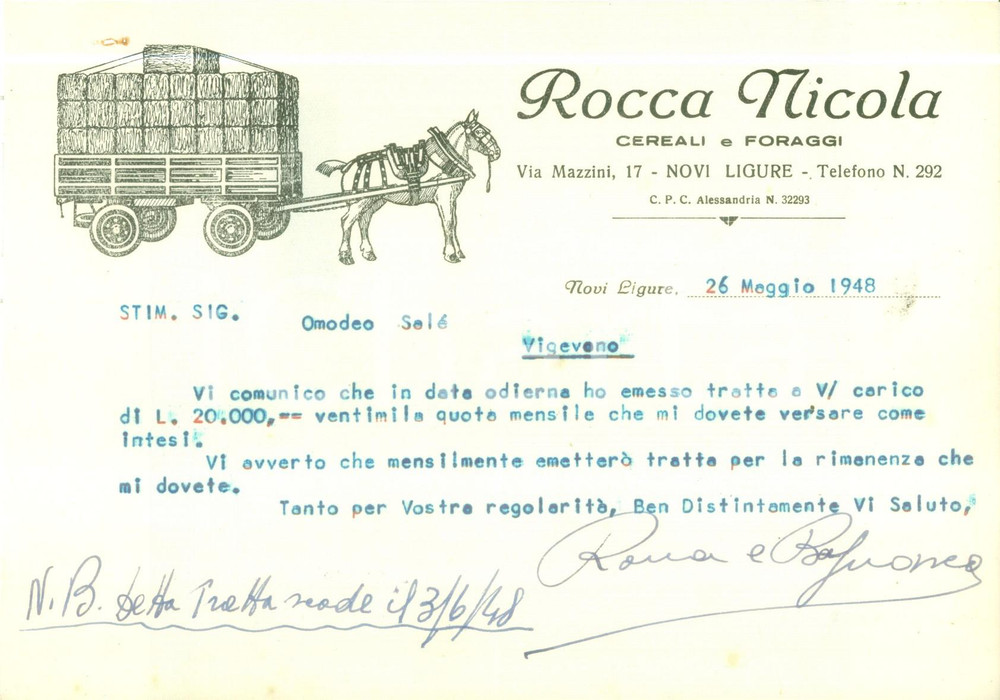 Documento originale, autentico 1948 NOVI LIGURE Cereali e formaggi Nicola ROCCA Lettera commerciale ILLUSTRATA 1