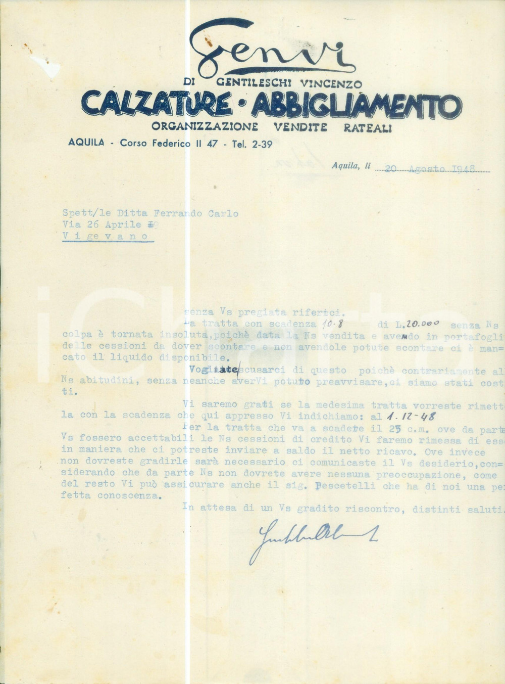 Documento originale, autentico 1948 L AQUILA Calzature GENVI di Vincenzo GENTILESCHI Lettera commerciale 1