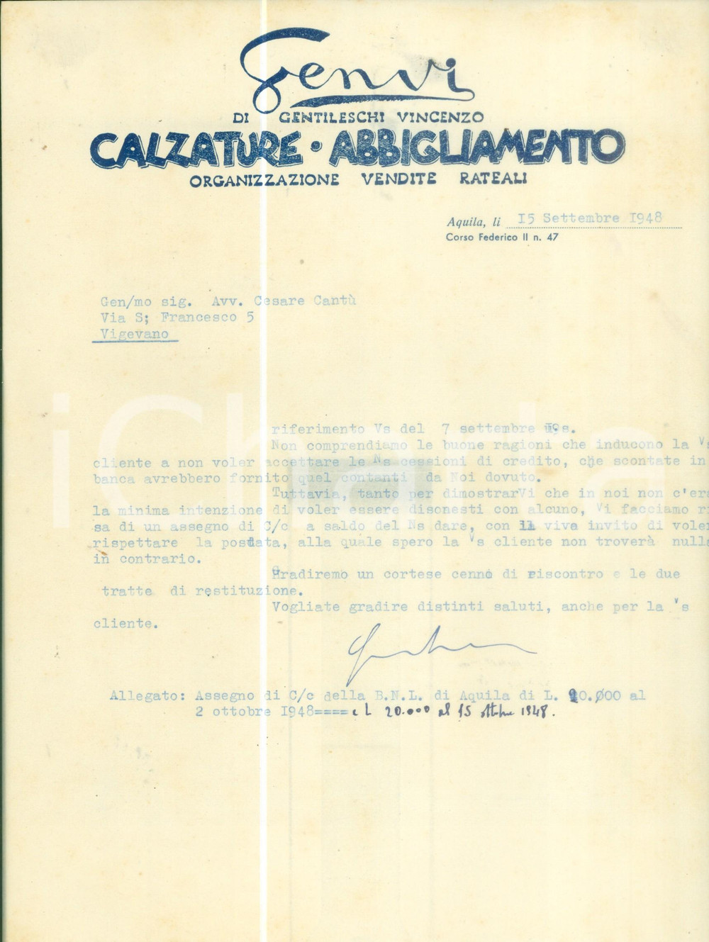 Documento originale, autentico 1948 L AQUILA Calzature GENVI di Vincenzo GENTILESCHI vuole essere onesta 1