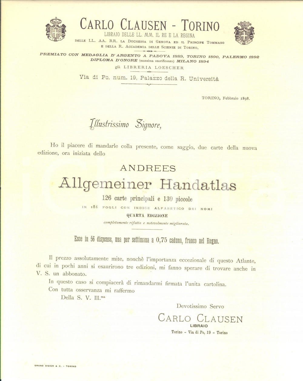 Documento originale, autentico 1898 TORINO Libraio Carlo CLAUSEN Lettera pubblicitaria ALLGEMEINER HANDATLAS 1