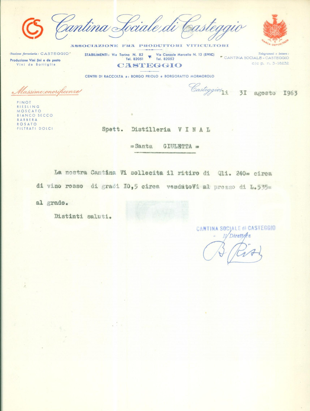 Documento originale, autentico 1963 CASTEGGIO PV Cantona Sociale sollecita ritiro di vino rosso Lettera 1