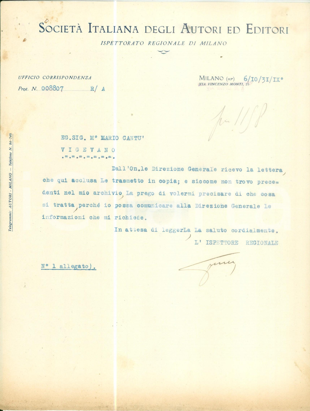 Documento originale, autentico 1931 MILANO SocietÃ  Italiana Autori Editori Lettera intestata 1