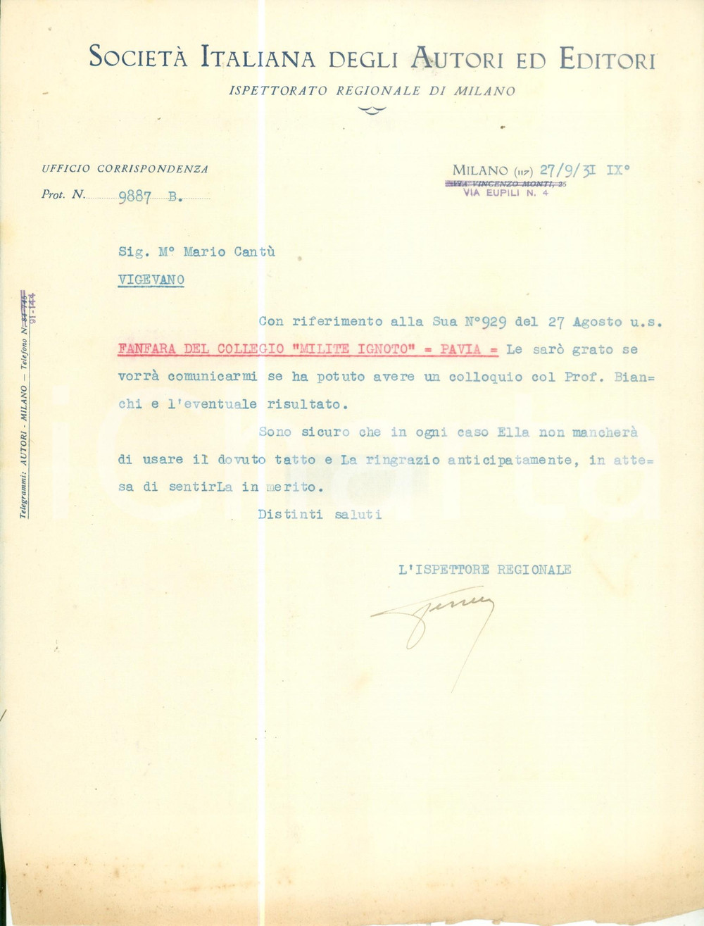 Documento originale, autentico 1931 MILANO SocietÃ  Italiana Autori Editori Lettera pubblicitaria intestata 1