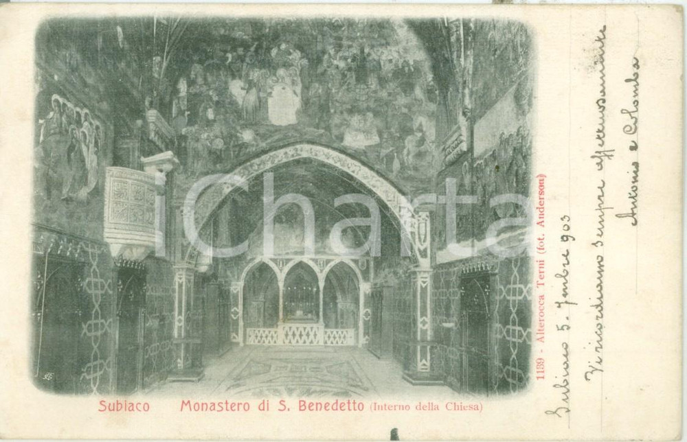 Cartolina originale da collezione 1903 SUBIACO RM Interno del Monastero di SAN BENEDETTO Cartolina postale FP VG 1