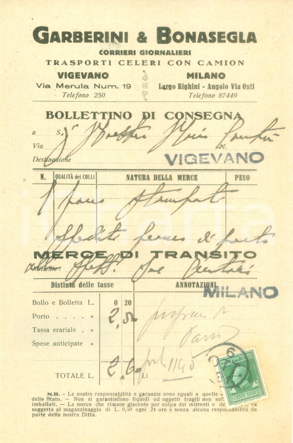 Documento originale, autentico 1931 VIGEVANO PV Corrieri giornalieri GARBERINI & BONASEGLIA Ricevuta 1