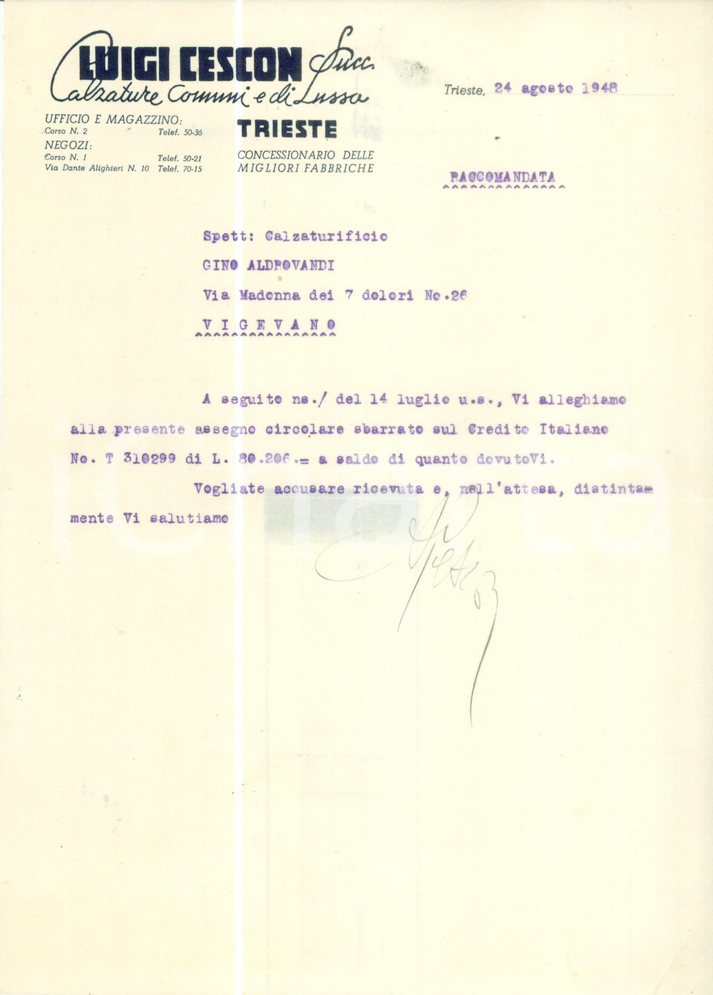 Documento originale, autentico 1948 TRIESTE Luigi CESCON Calzature comuni e di lusso Lettera commerciale 1
