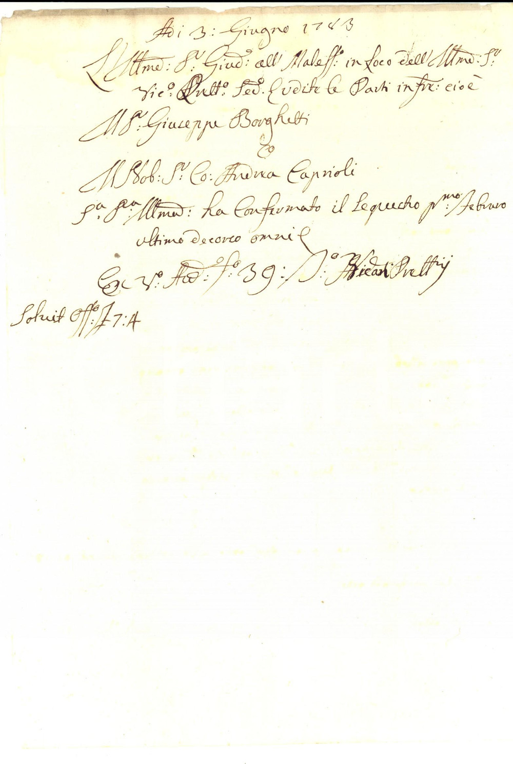 Documento originale, autentico 1783 BRESCIA Conferma sequestro nella lite Giuseppe BORGHETTI  Andrea CAPRIOLI 1