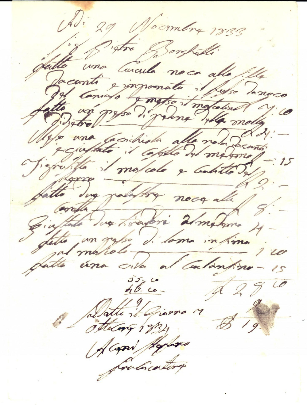 Documento originale, autentico 1833 BRESCIA Ricevuta a Pietro BORGHETTI per lavori manutenzione Dialettale 1