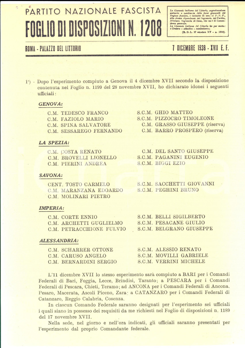 Documento originale, autentico 1938 PNF GENOVA Ufficiali idonei al perfezionamento Foglio Disposizioni 1208 1