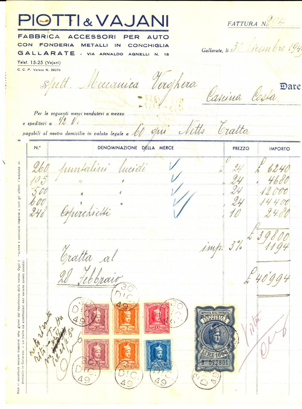 Documento originale, autentico 1949 GALLARATE VA Accessori per auto PIOTTI & VAJANI Fattura con bolli 1