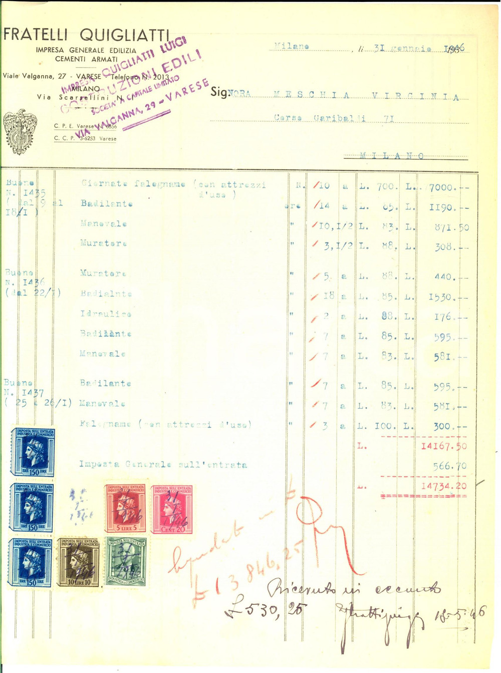 Documento originale, autentico 1946 MILANO Fratelli QUIGLIATTI Edilizia  Cementi armati Fattura con bolli 1