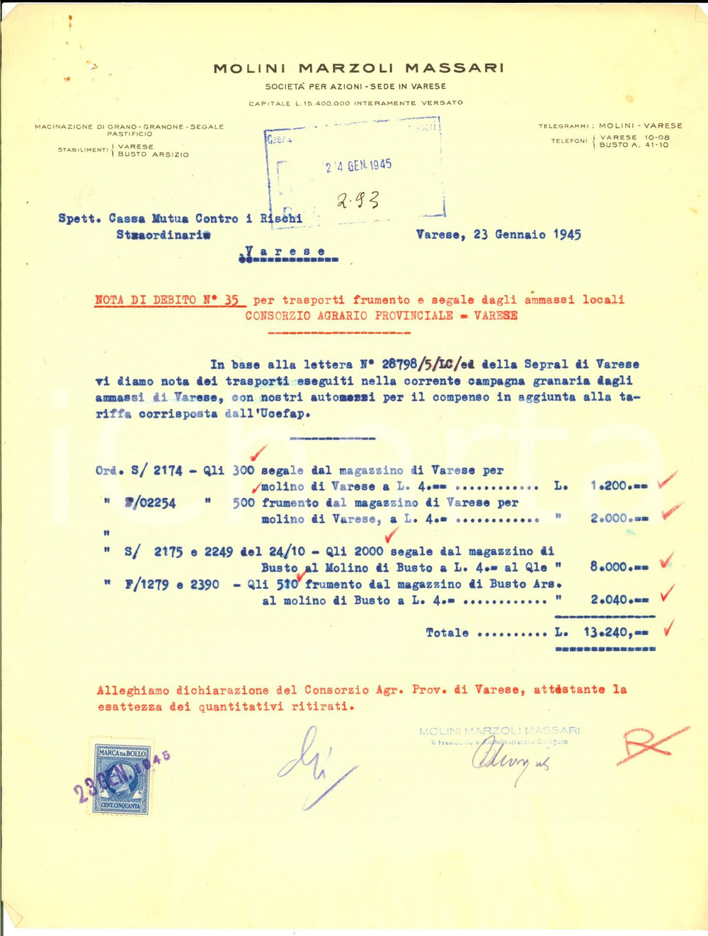 Documento originale, autentico 1945 VARESE Molini MARZOLI MASSARI  Nota di debito per trasporto frumenti 1