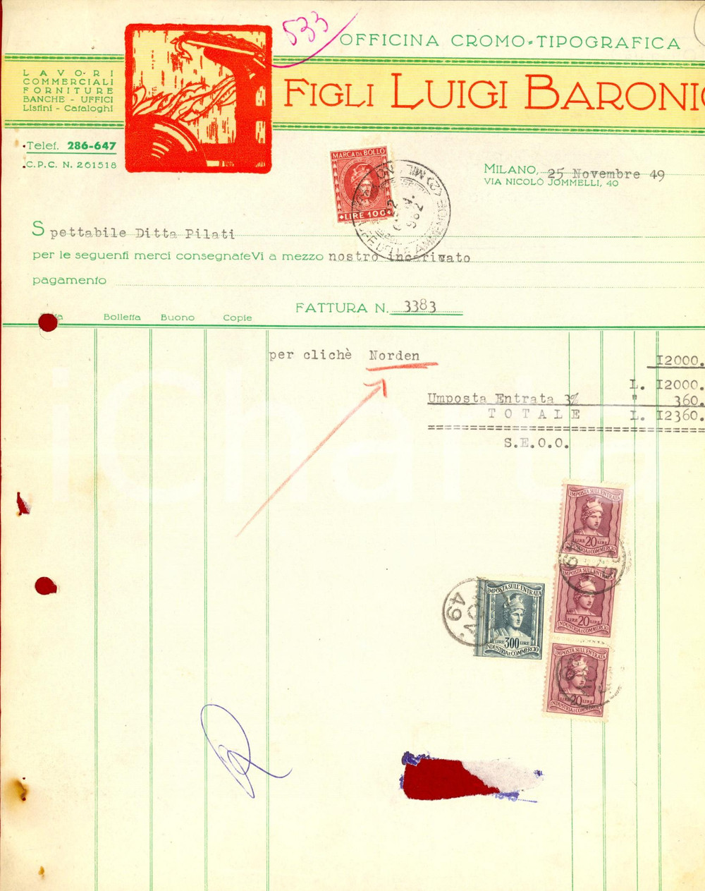 Documento originale, autentico 1949 MILANO Officina Figli Luigi BARONIO Fattura con bolli per clichÃ© NORDEN 1