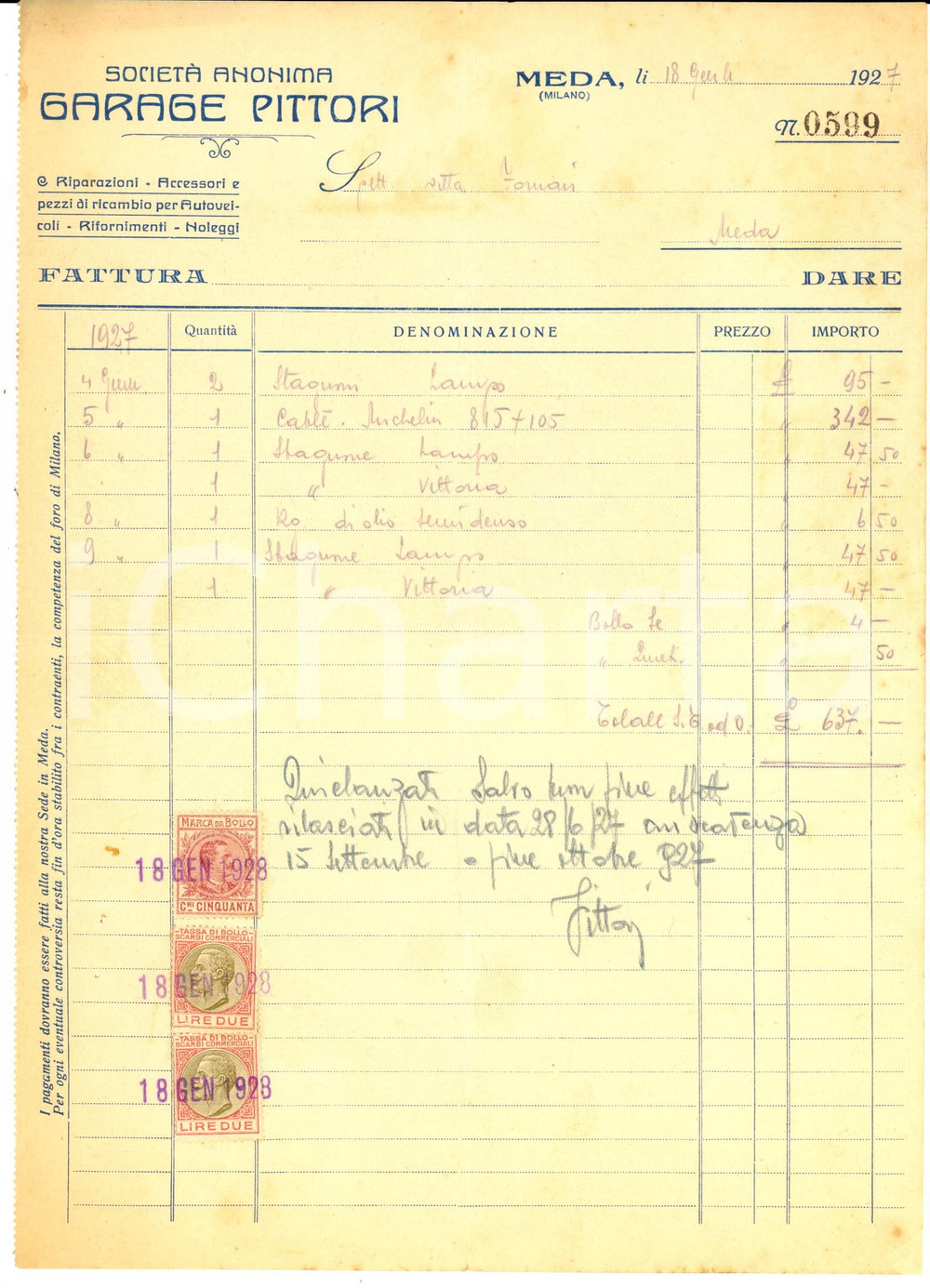 Manoscritto, lettera originale 1927 MEDA MI SocietÃ  Anonima Garage PITTORI Riparazioni veicoli Fattura 1
