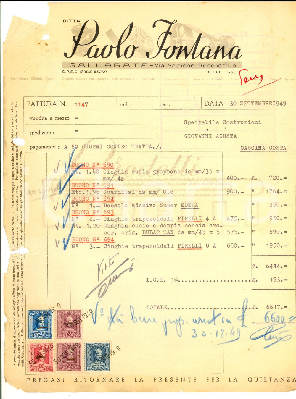 Documento originale, autentico 1949 GALLARATE VA Paolo FONTANA manifattura cinghie cuoio Fattura DANNEGGIATA 1