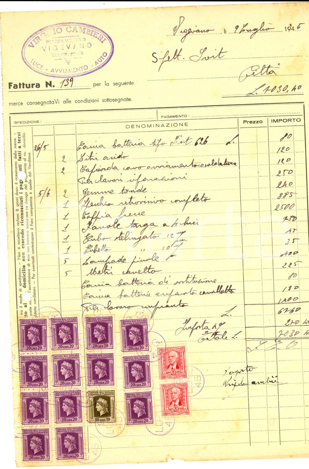 Documento originale, autentico 1945 VIGEVANO PV Virgilio CAMBIERI Luce  Avviamento  Auto Fattura bolli 1