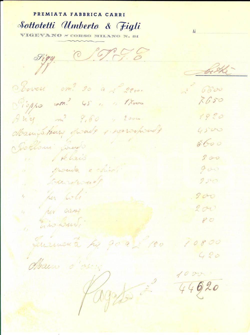 Documento originale, autentico 1945 ca VIGEVANO PV Premiata Fabbrica Carri Umberto SOTTOTETTI Fattura bolli 1