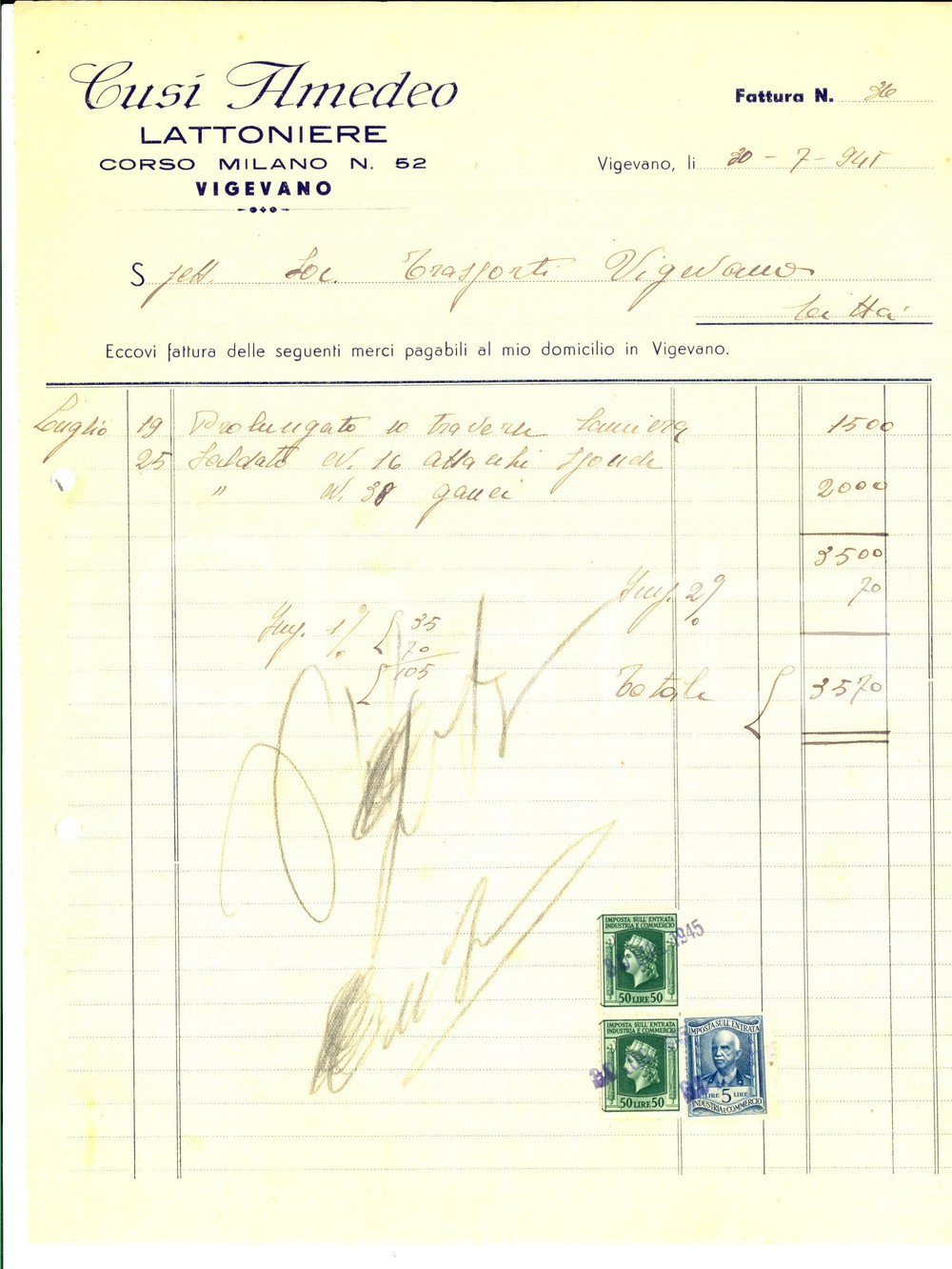Documento originale, autentico 1941 VIGEVANO PV Lattoniere Amedeo CUSI  Fattura per lamiere Bolli 1