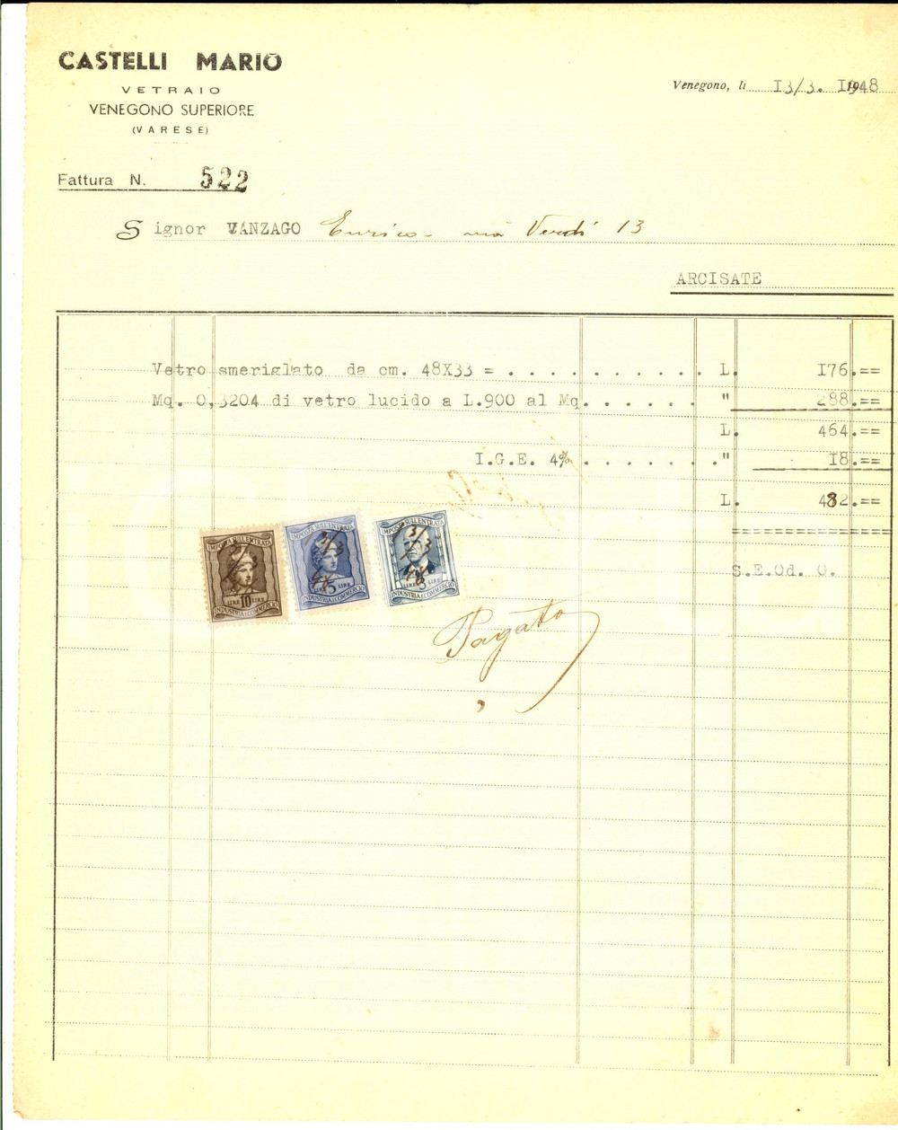 Documento originale, autentico 1948 VENEGONO SUPERIORE VA Vetraio Mario CASTELLI  Fattura con bolli 1