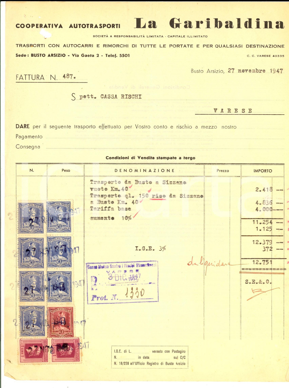 Documento originale, autentico 1947 BUSTO ARSIZIO VA Cooperativa Autotrasporti LA GARIBALDINA Fattura 1