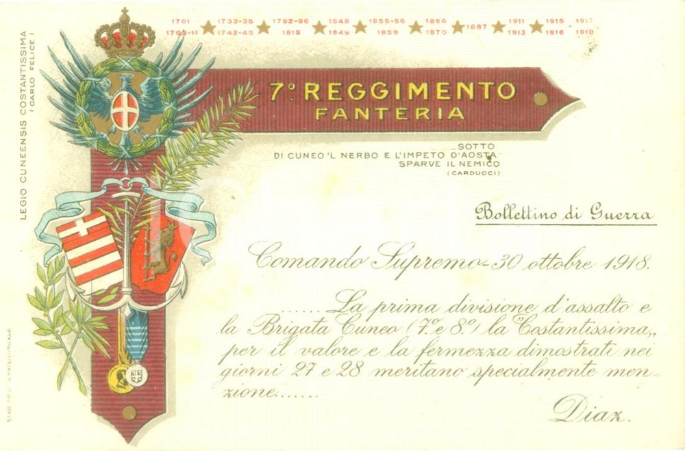 Cartolina originale da collezione 1918 WW1 7° Reggimento Fanteria Brigata CUNEO COSTANTISSIMA Cartolina FP NV 1