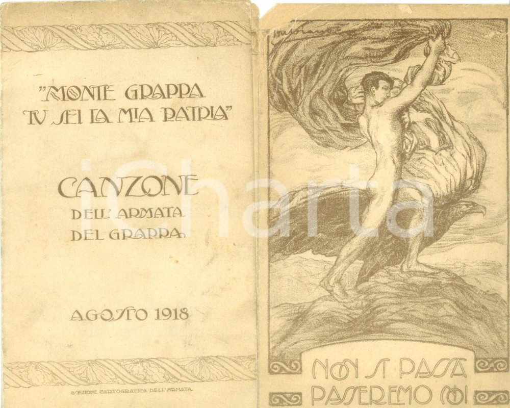 Oggetto da collezione cartaceo 1918 Canzone dell Armata del GRAPPA Spartito pieghevole con testo DANNEGGIATO 1
